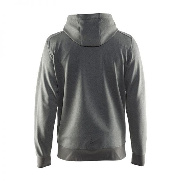 CRAFT Noble Full Zip Hoodie, sweatshirt med lynlåsdetalje foran og hætte bagtil. Grå melange model bagfra