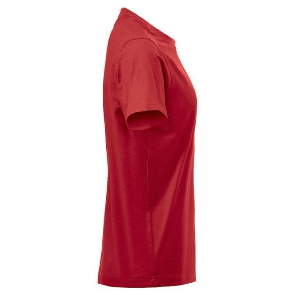 Premium dame t-shirt fra CLIQUE - højt kvalitets single jersey med dobbeltkrave. Ses her fra siden i farven rød